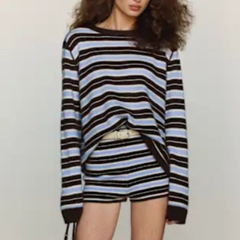 Reformation Cashmere Cardigan and Matching Cashmere Shorts Ice Water Multi Strip